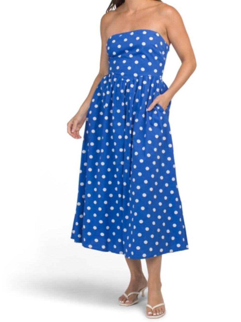 Jessica Simpson Strapless Blue Polka Dot Midi Dress - Picture 1 of 2